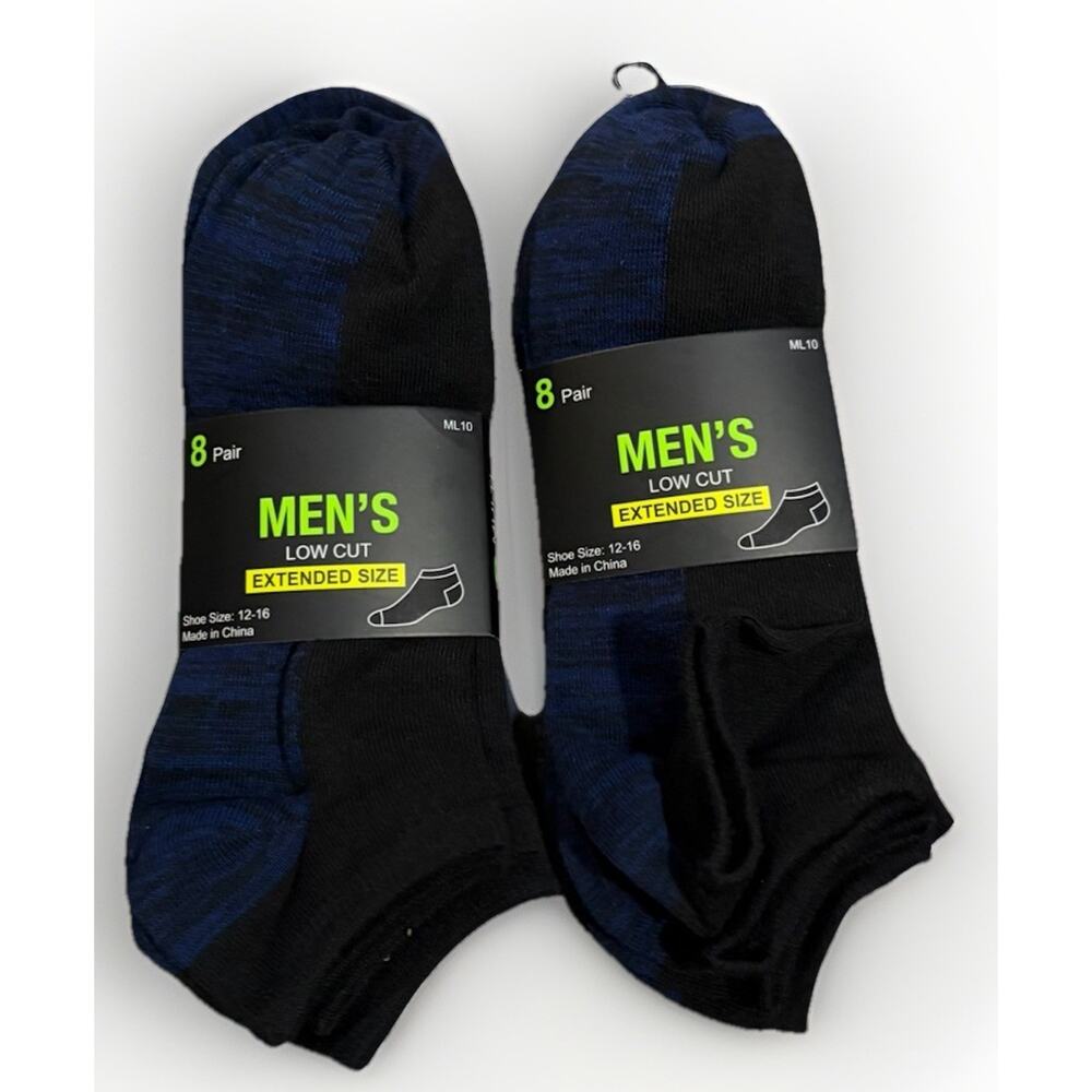 Men’s Low Cut Socks 16 Pair Lot Extended Size 12-16 Black Gray White Blue NEW